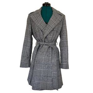 Reiss Black & White Plaid Check Wrap Coat, Size 6 Small